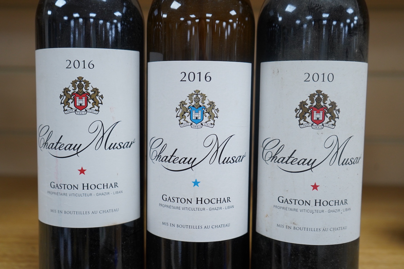 Three bottles of Chateau Musar; 2010, 2016 and a 2016 white. Condition - good